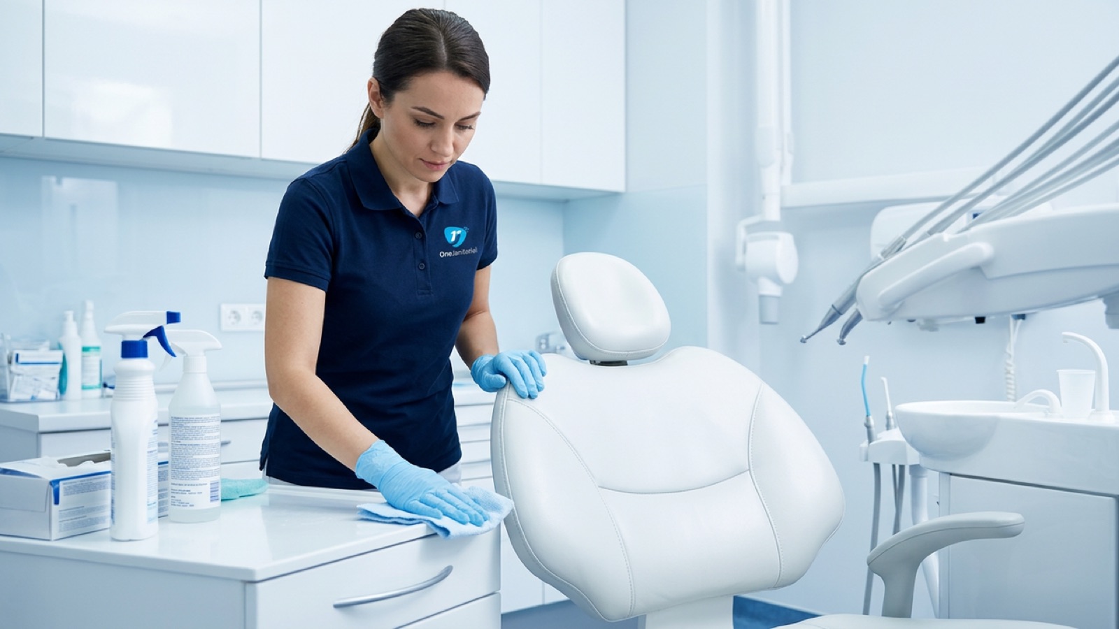One Janitorial cleaner disinfecting a dental operatory