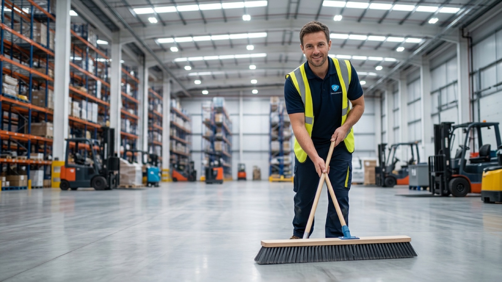 One Janitorial cleaner sweeping a warehouse floor