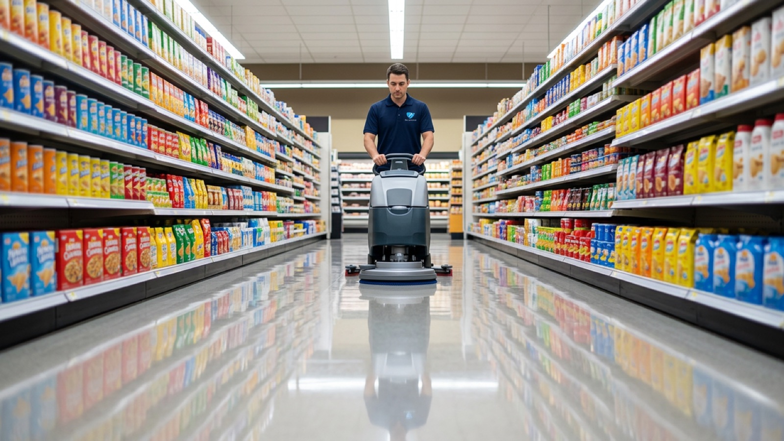 One Janitorial cleaner scrubbing a grocery store aisle