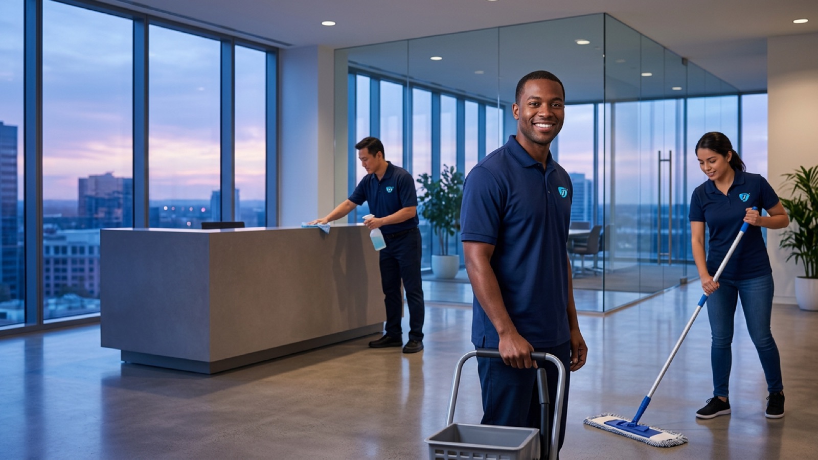 One Janitorial crew cleaning an office lobby