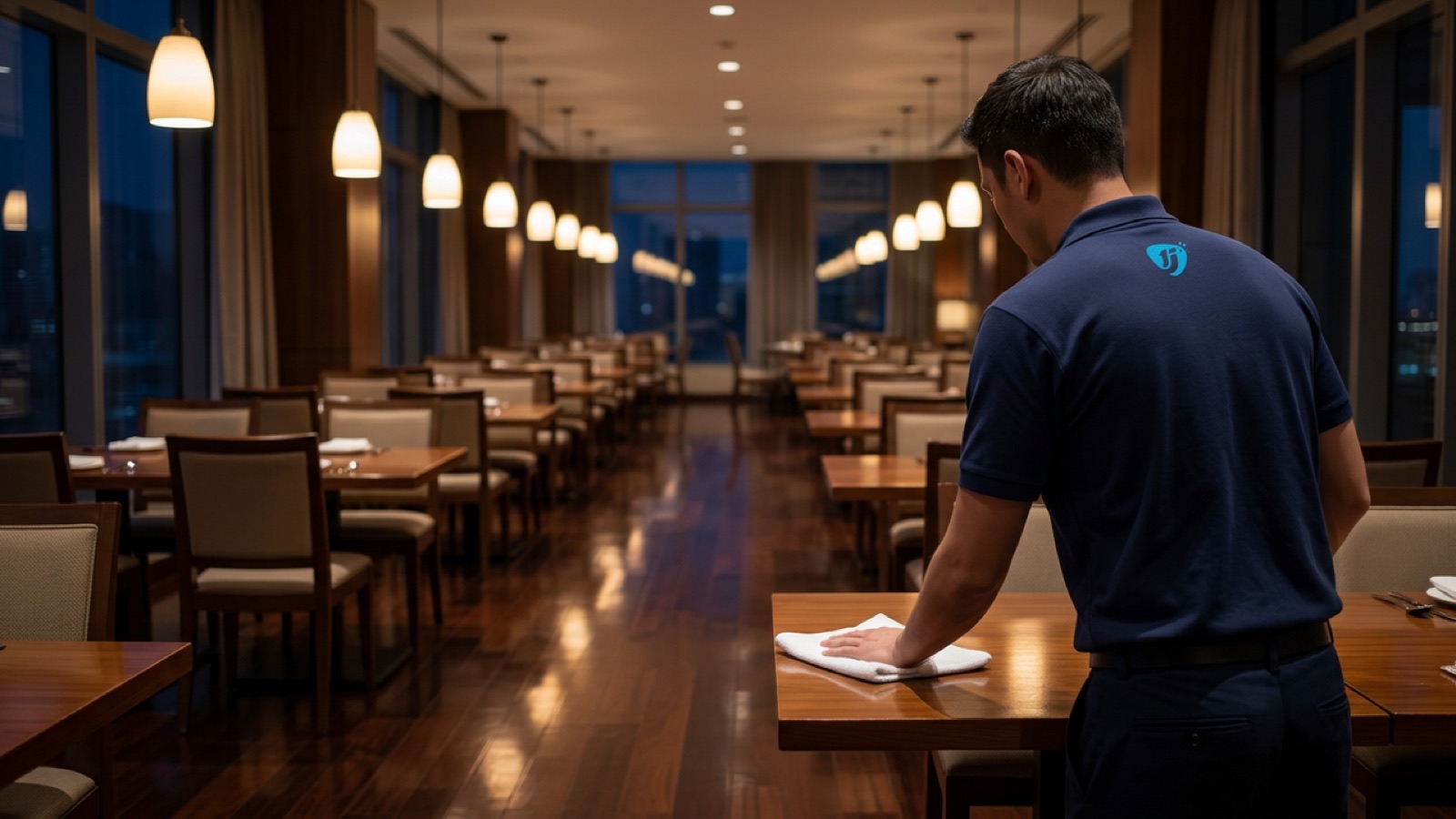 One Janitorial cleaner wiping tables in a restaurant after close